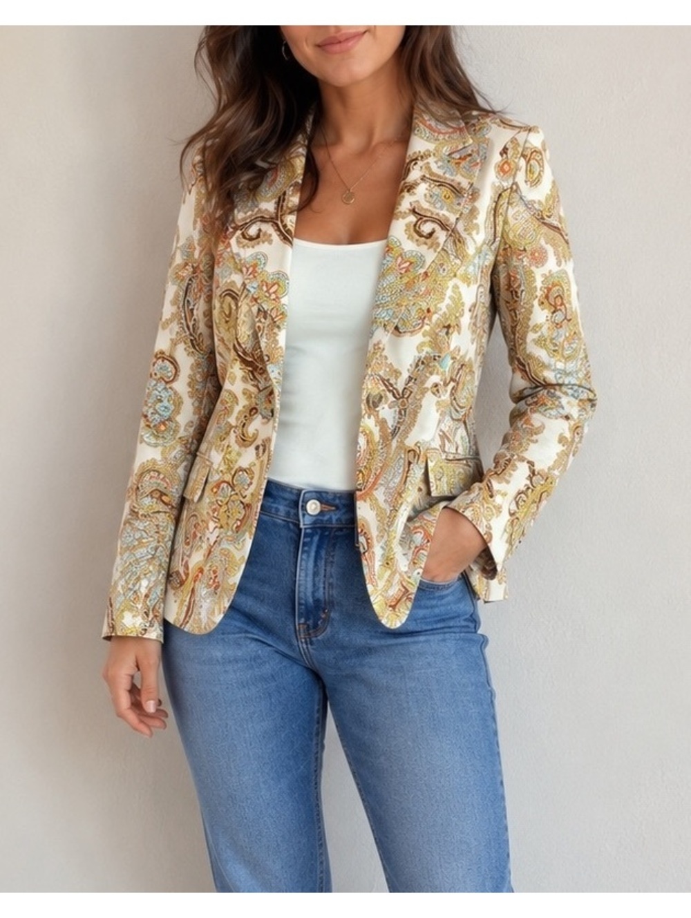 CAbi Paisley Print Blazer Jacket Size 10 Cotton Stretch Fall Colors